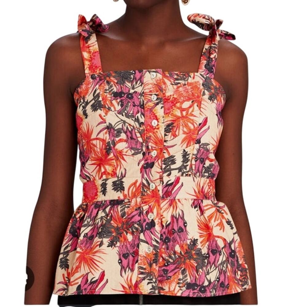 Chufy NWT Waru Tie Shoulder Organic Cotton Peplum Top Floral Size XS Smocked